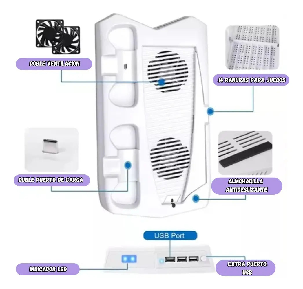 Base Refrigerante Para Play 5 Estación De Carga Dual 3 Usb