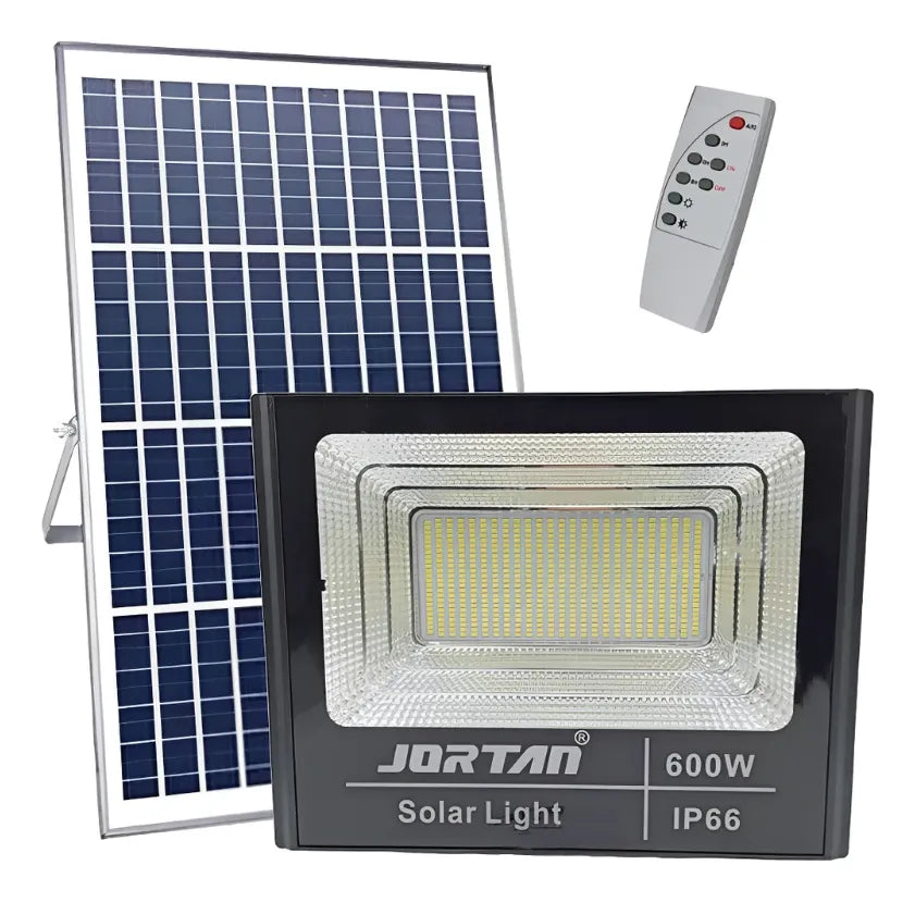 Reflector Solar Jortan 600w Ip66 Recargable Exterior Control Negro Blanco Frío