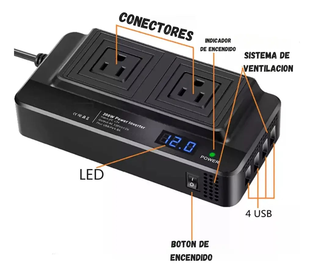 Inversor Convertidor De Coche Corriente 12v A 110v Y 4usb