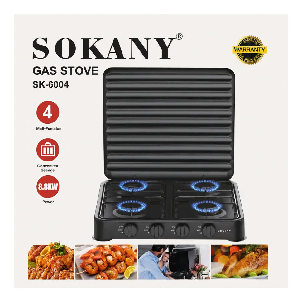 Estufa A Gas 4 Puestos Portatil Con Tapa Sokany 8,8KW