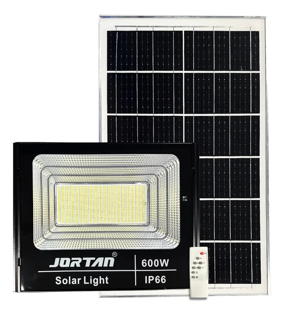 Reflector Solar Jortan 600w Ip66 Recargable Exterior Control Negro Blanco Frío