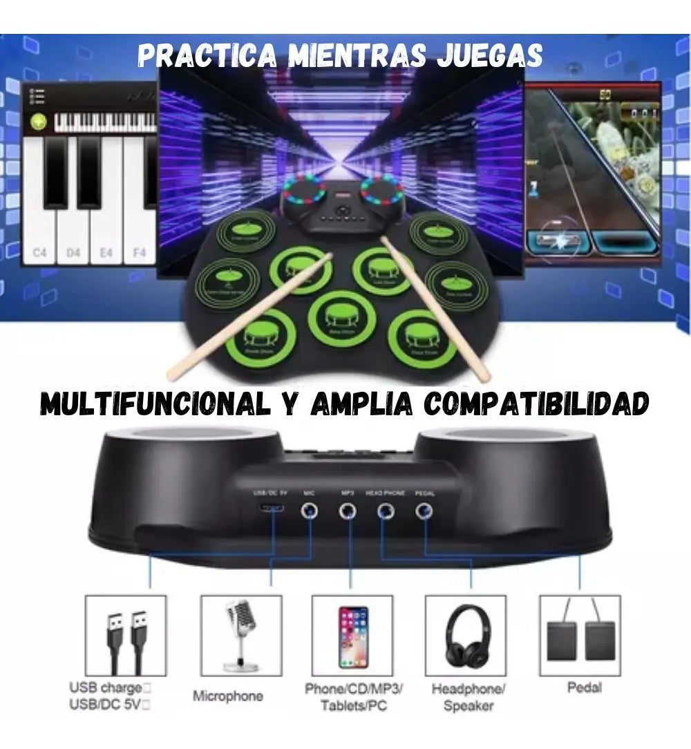 Batería Electrónica Musical Bluetooth Recargable Con Pedales