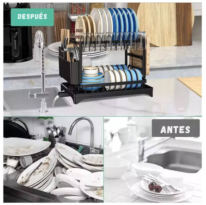 Escurridor De Platos Acero Inoxidable 2 Niveles Con Drenaje