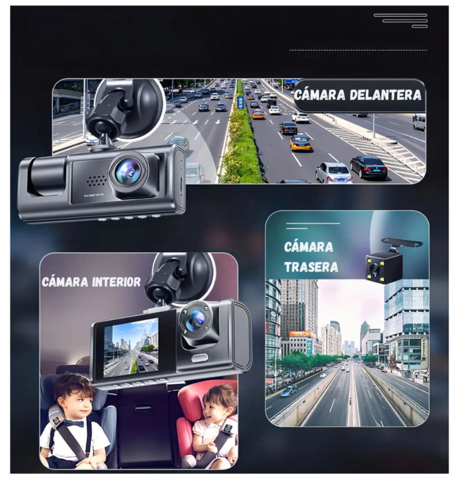 Cámara Carro Dash Cam 1080P Hd 3 Lentes Camara Vehicular Dvr