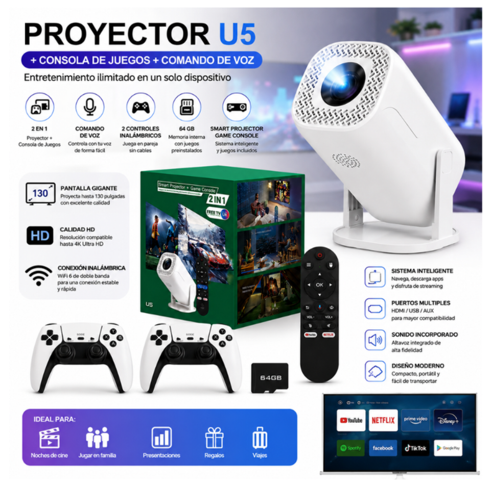 Proyector U5 Smart Android Consola Juegos 2 Controles Wifi