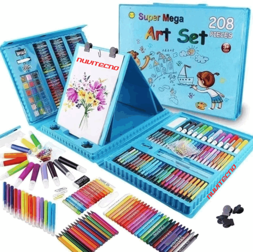 Set De Arte Niños Maleta 208 Piezas Crayon Acuarela Plumon azul