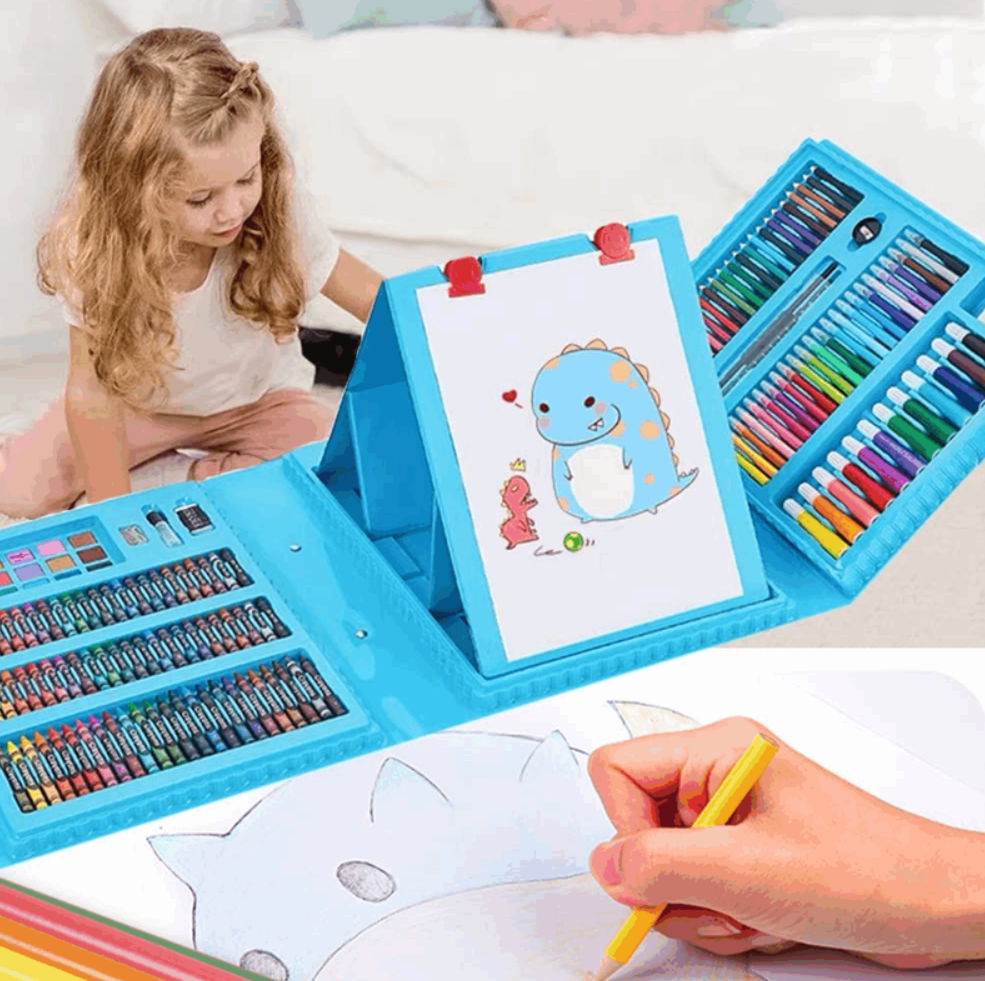 Set De Arte Niños Maleta 208 Piezas Crayon Acuarela Plumon azul