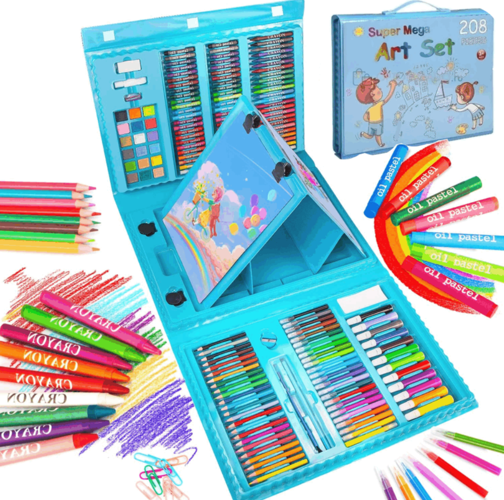 Set De Arte Niños Maleta 208 Piezas Crayon Acuarela Plumon azul