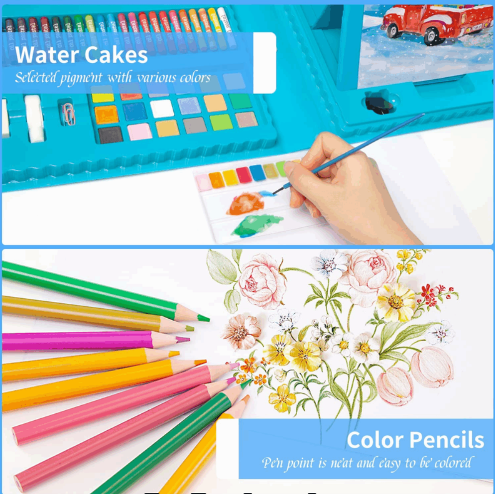 Set De Arte Niños Maleta 208 Piezas Crayon Acuarela Plumon azul