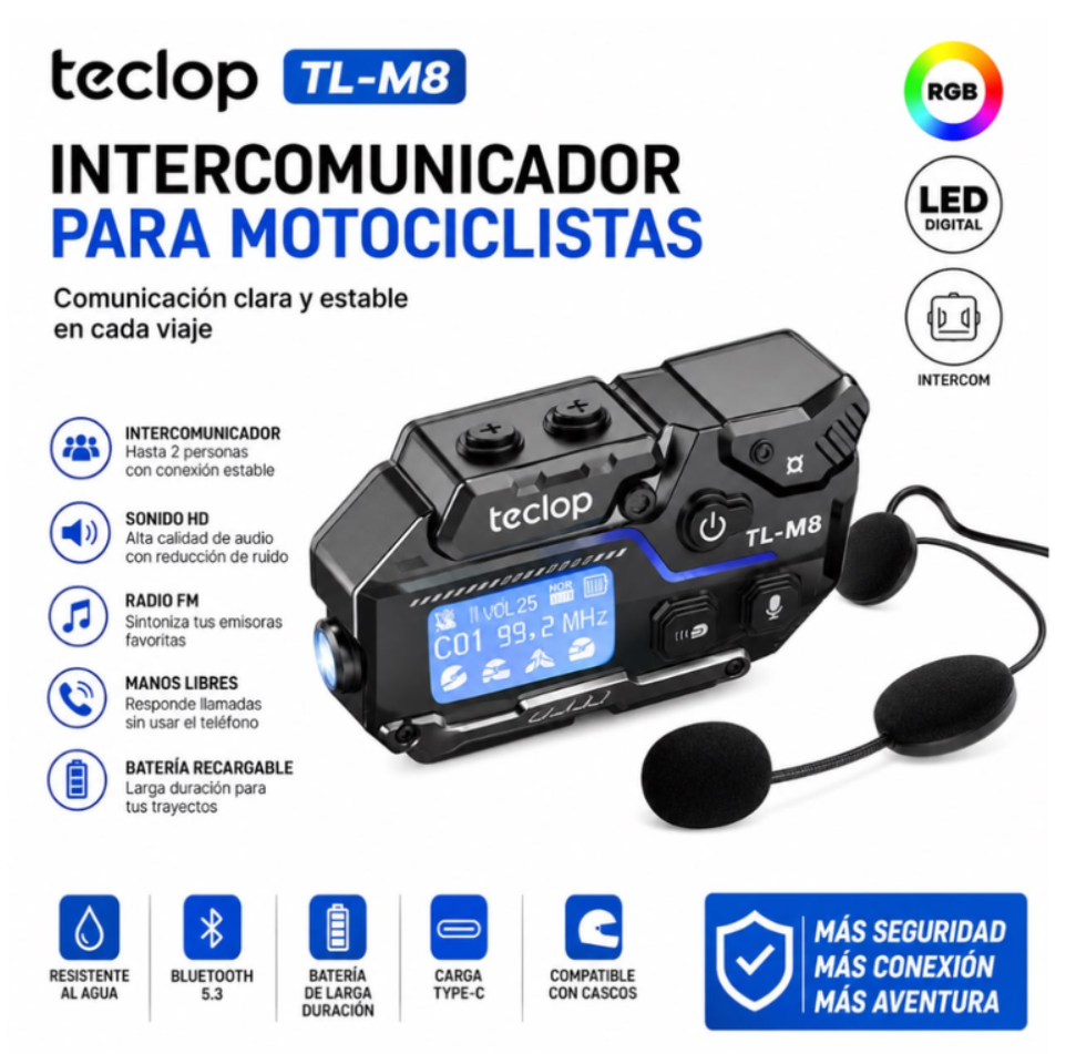 Combo Intercomunicador RGB Bluetooth M8 Radio FM Recargable