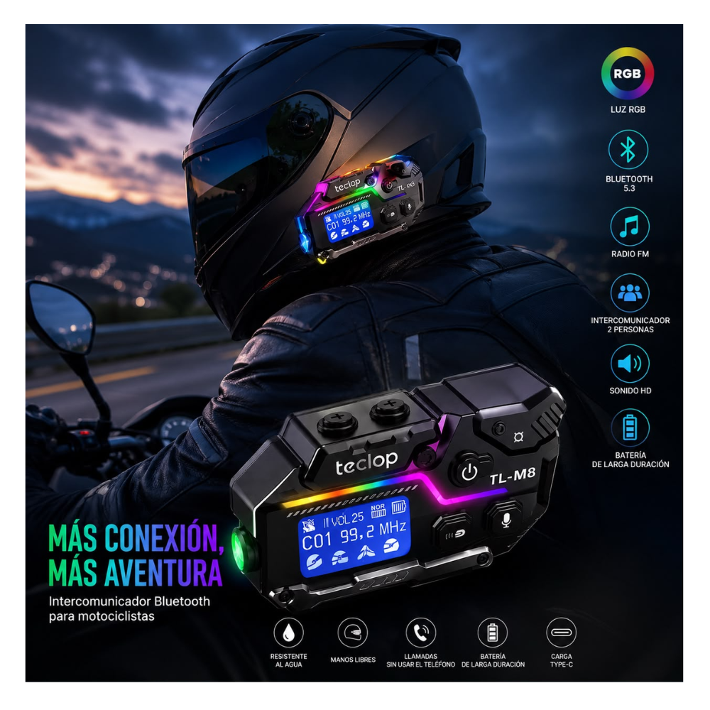Intercomunicador RGB Bluetooth M8 Radio FM Recargable Casco