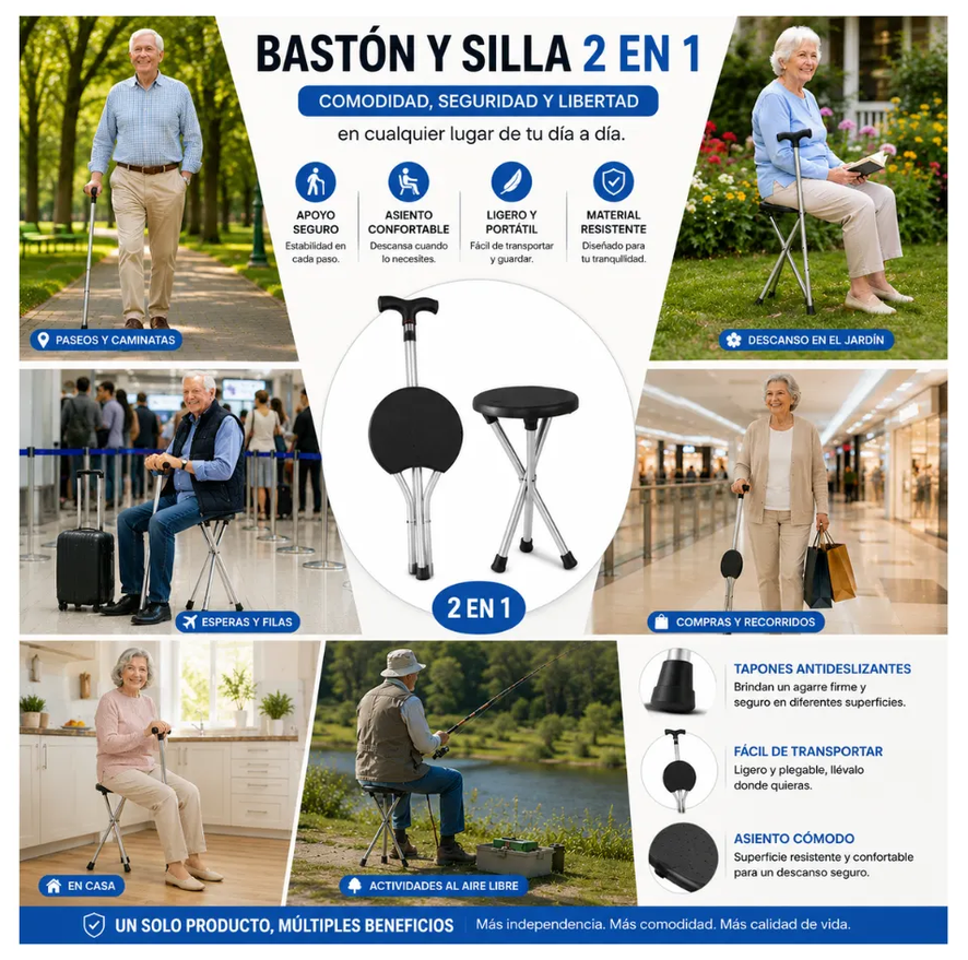 Bastón Con Silla Plegable 2 En 1 Ajustable Antideslizante