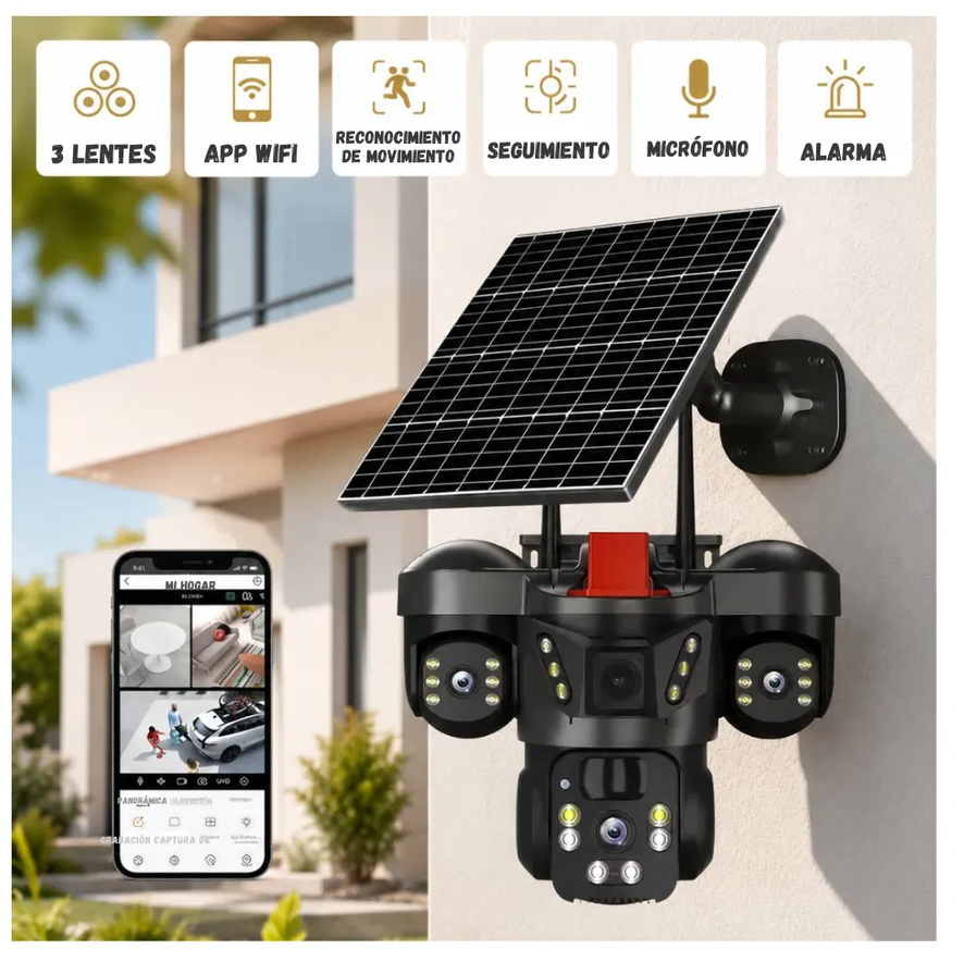 Cámara De Seguridad Wifi 3 Lentes Ptz Con Panel Solar Ql21