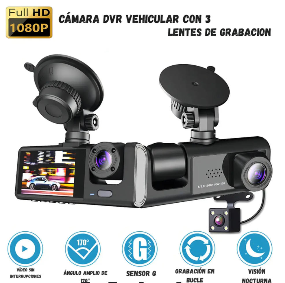 Cámara Carro Dash Cam 1080P Hd 3 Lentes Camara Vehicular Dvr