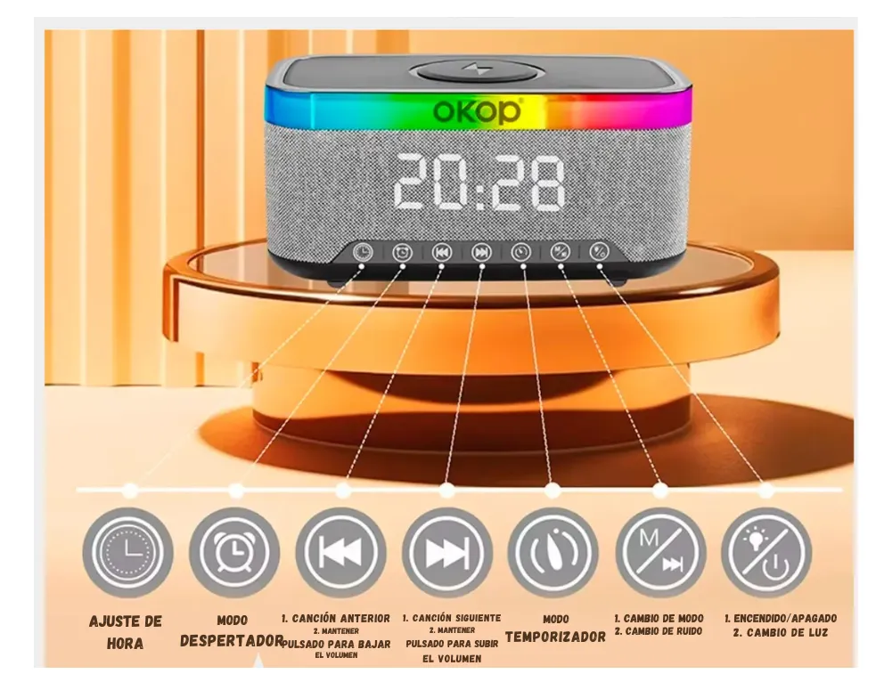 Reloj Despertador Con Carga Inalámbrica Luces Rgb Y Radio Fm