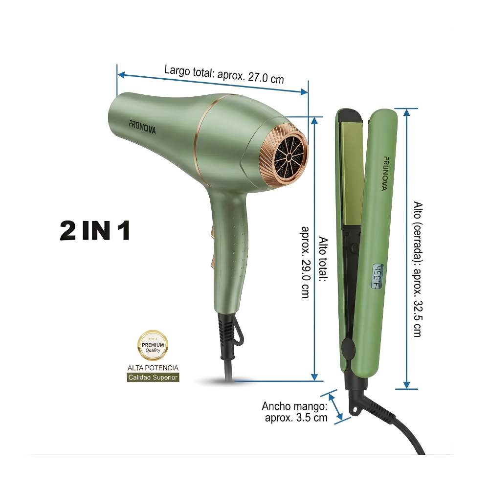 Kit 2en1 Secador + Plancha Profesional Aguacate Brillo 3D