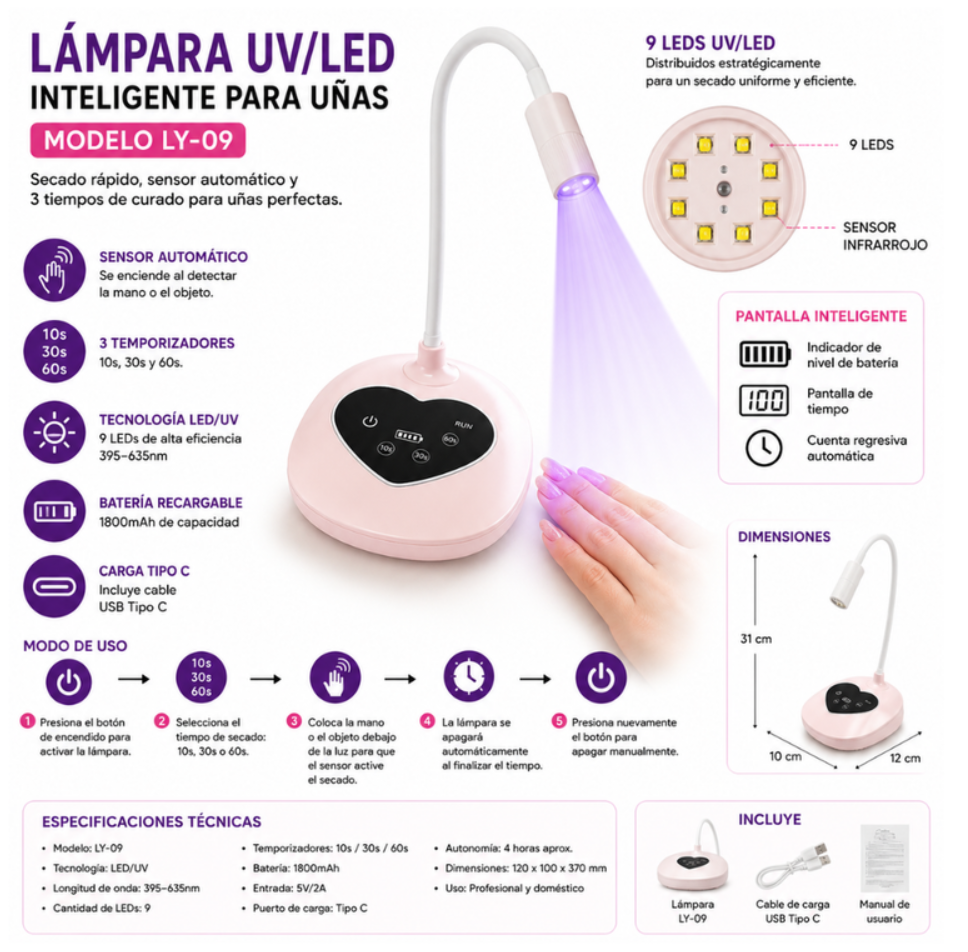 Lámpara UV LED para Uñas Recargable Sensor LY-09 Inteligente