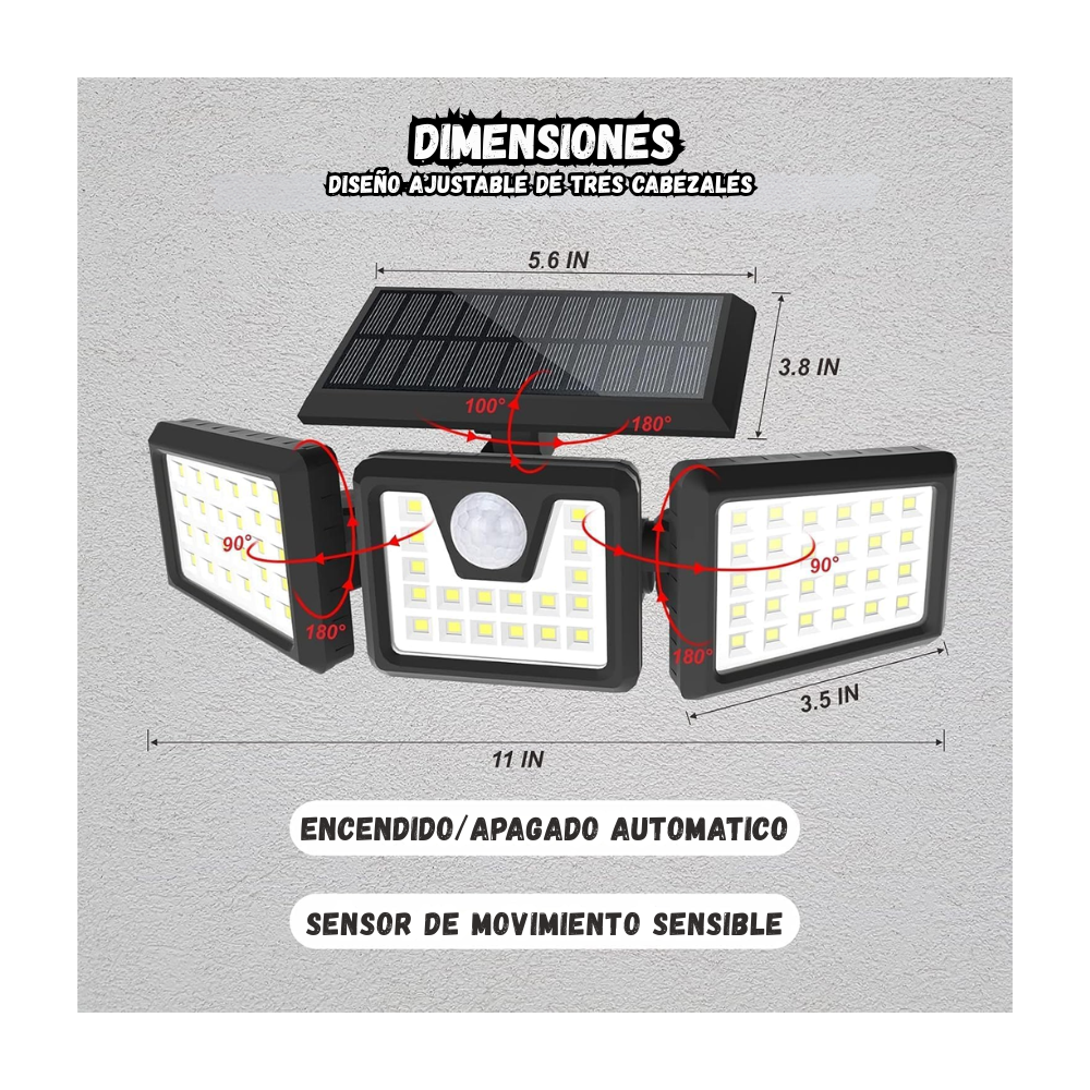 Lampara Solar Led 3 Secciones Ajustables 270° Sensor De Movimiento