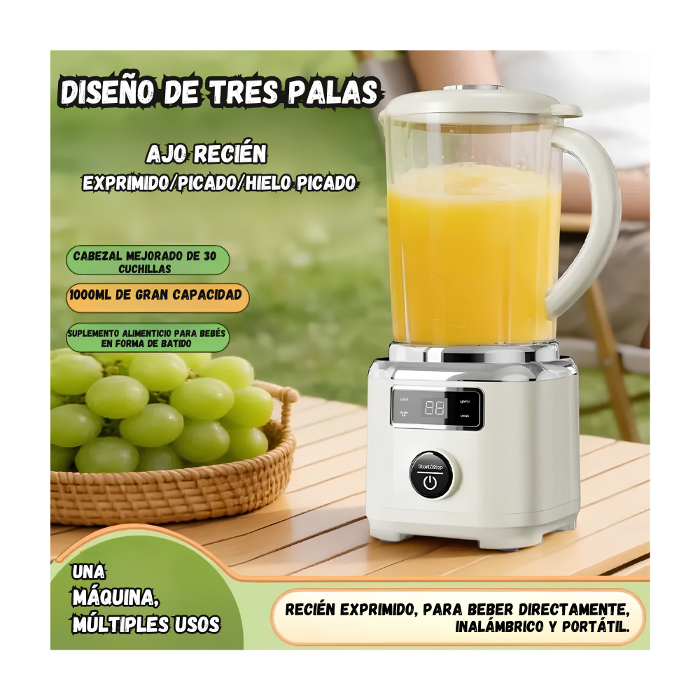 Licuadora Portatil De Tres Cuchillas Recargable Pantalla Digital 1000 ml
