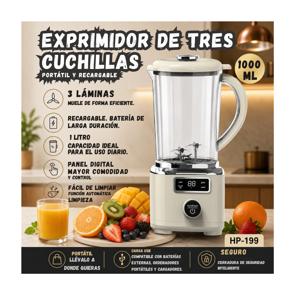 Licuadora Portatil De Tres Cuchillas Recargable Pantalla Digital 1000 ml