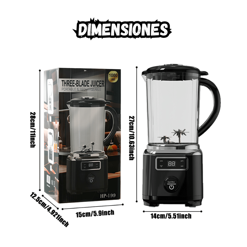 Licuadora Portatil De Tres Cuchillas Recargable Pantalla Digital 1000 ml