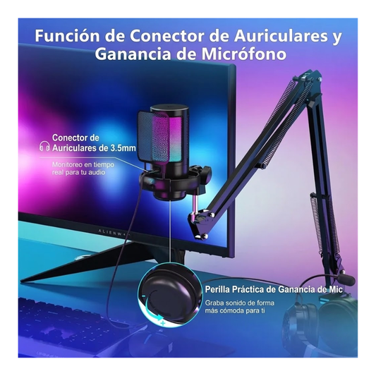 Micrófono USB RGB Gamer Con Brazo Para Streaming Pro