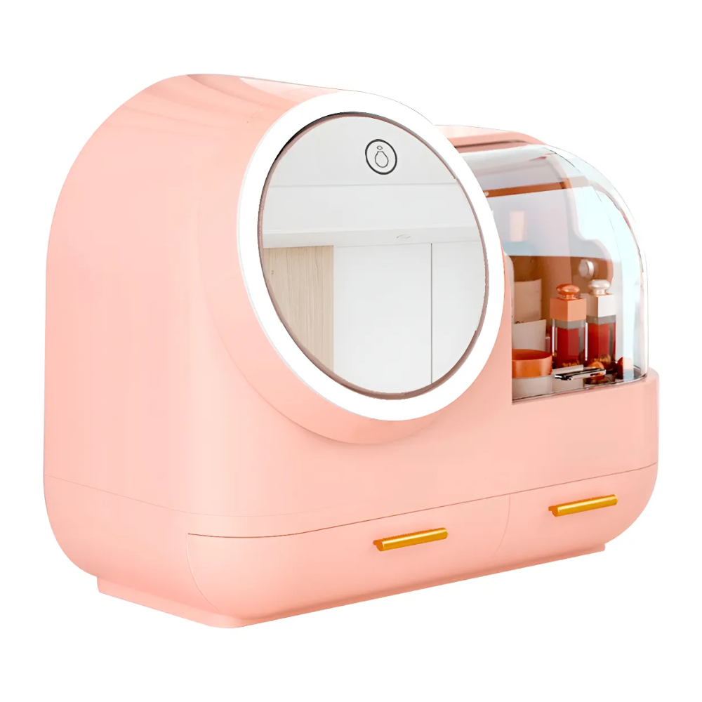 Organizador Maquillaje Con Espejo Giratorio Luz LED y Cajones
