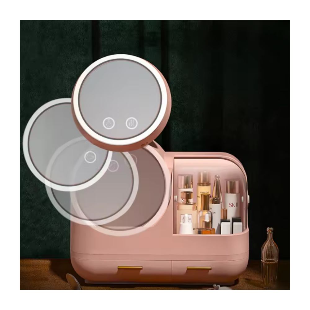 Organizador Maquillaje Con Espejo Giratorio Luz LED y Cajones