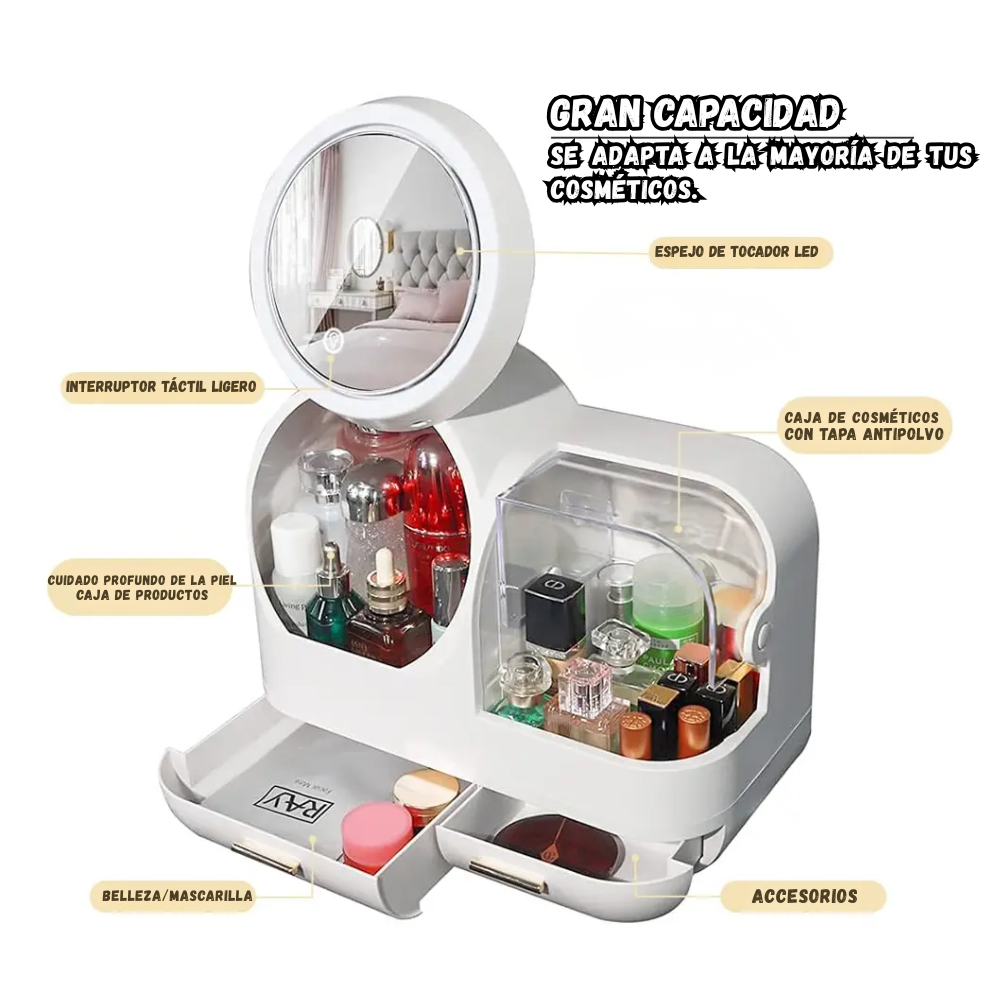 Organizador Maquillaje Con Espejo Giratorio Luz LED y Cajones