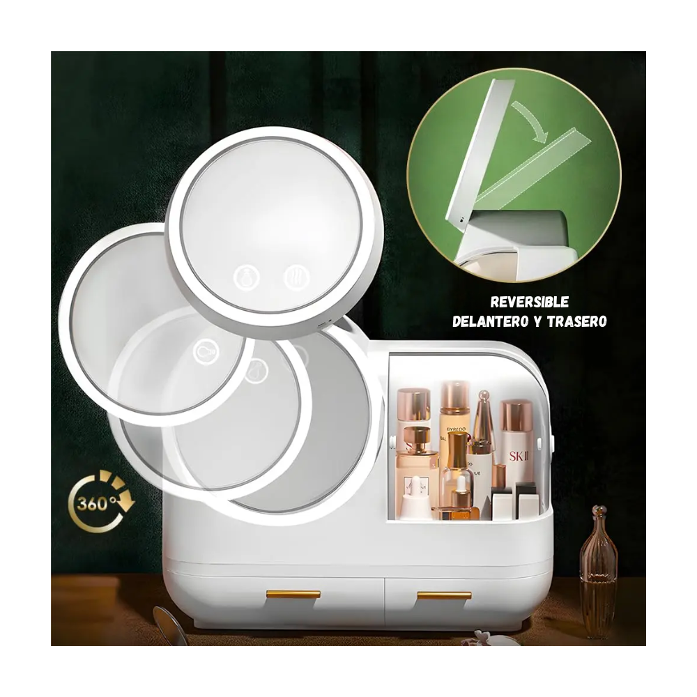 Organizador Maquillaje Con Espejo Giratorio Luz LED y Cajones