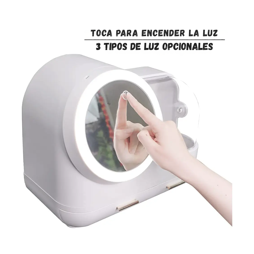 Organizador Maquillaje Con Espejo Giratorio Luz LED y Cajones