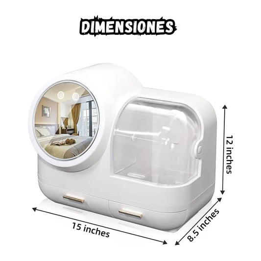 Organizador Maquillaje Con Espejo Giratorio Luz LED y Cajones