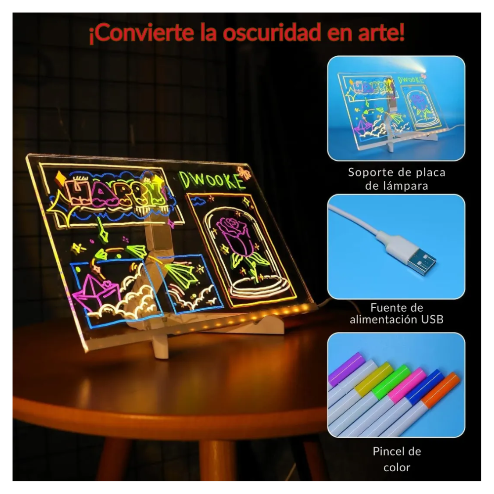 Pizarra Mágica Acrílico Led Con Luz + 7 Plumones Borrables