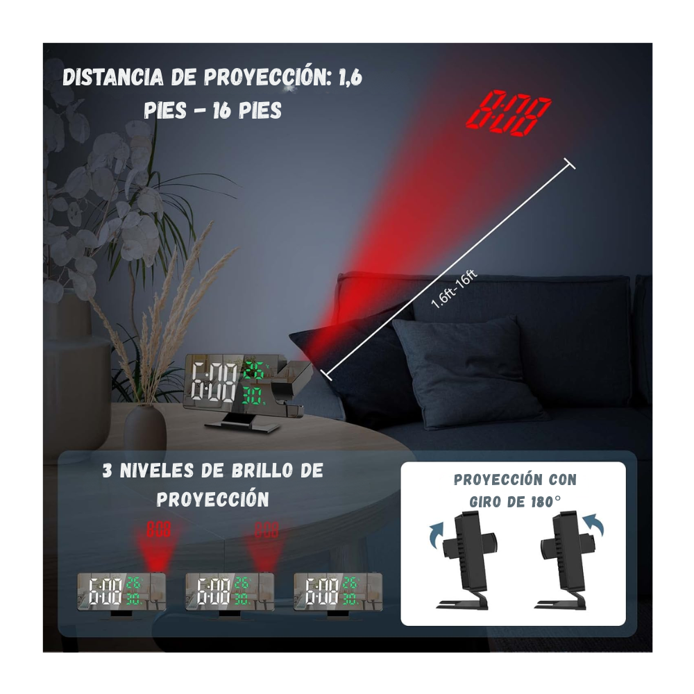 Reloj Despertador Digital Con Proyeccion 180° Pantalla Led