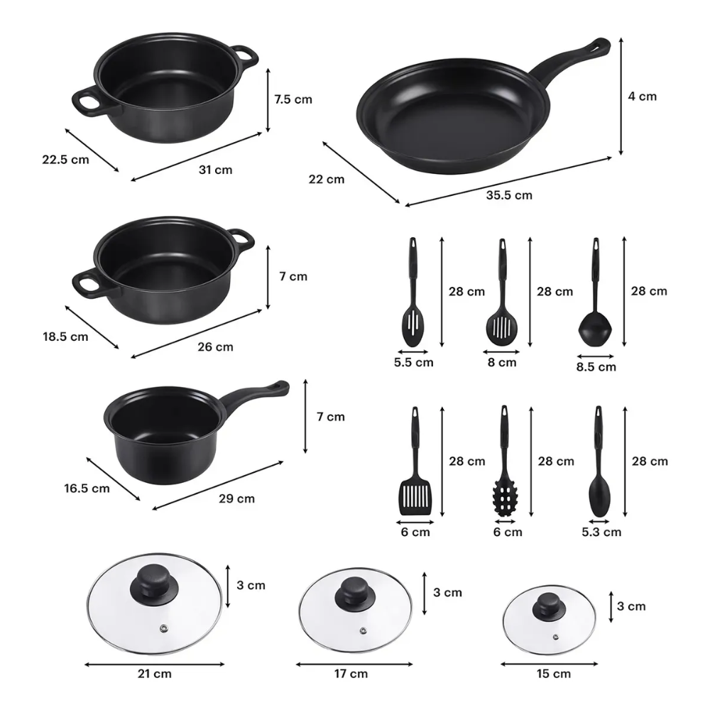 Set De Sartenes Antiadherentes Tapa De Vidrio Y Utensilios