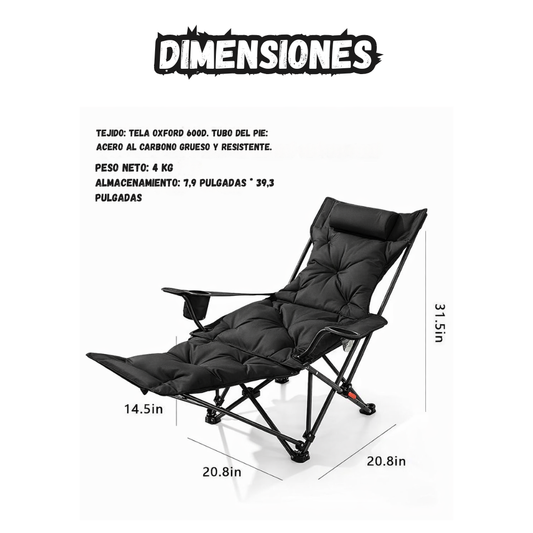 Silla para camping reclinable acolchada con reposapies Negro