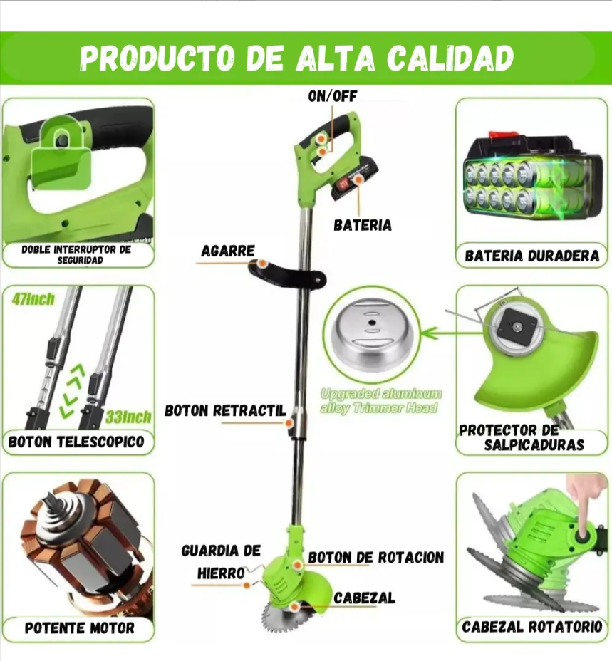 Guadaña Recargable Portatil Con Ruedas Corta Cesped 6 En 1