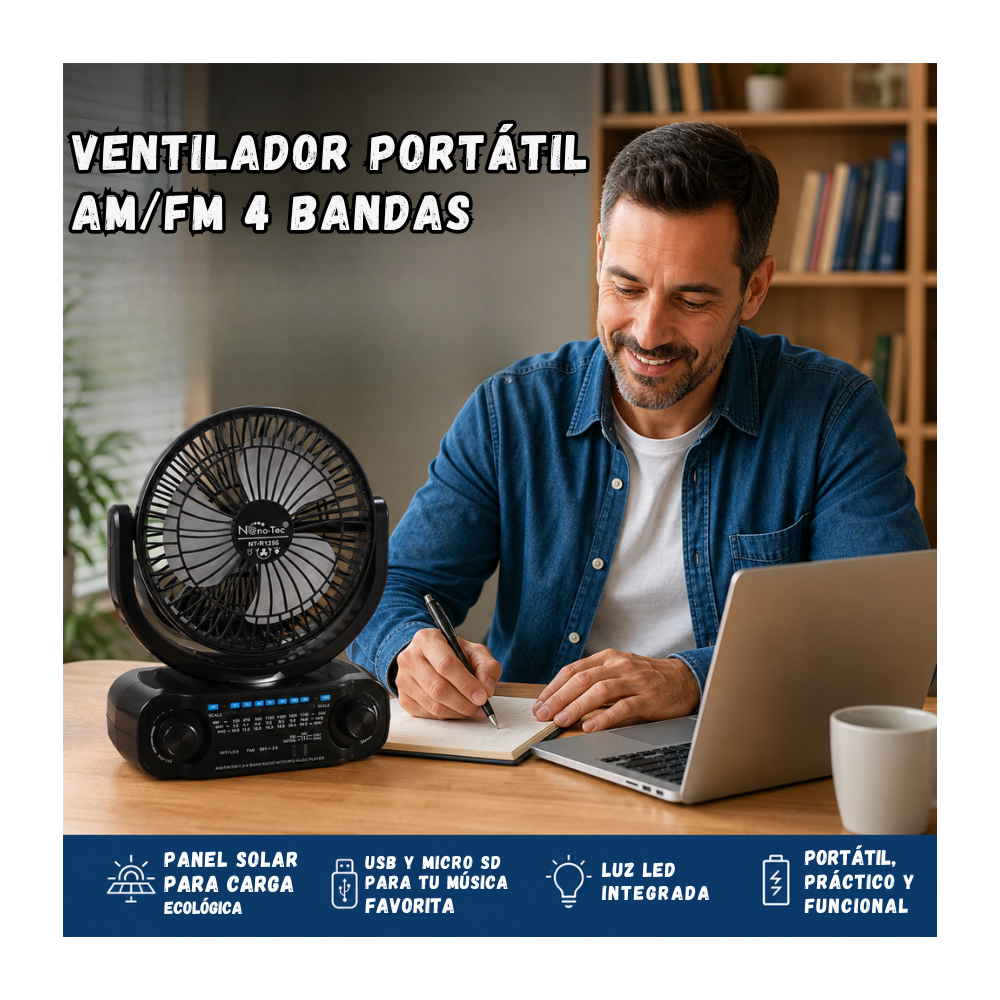 Ventilador Solar Portatil Recargable Con Radio AM y FM  NT-R1256