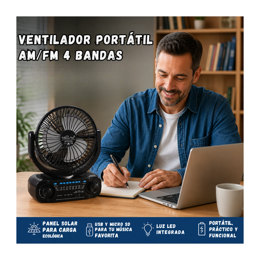 Ventilador Solar Portatil Recargable Con Radio AM y FM  NT-R1256