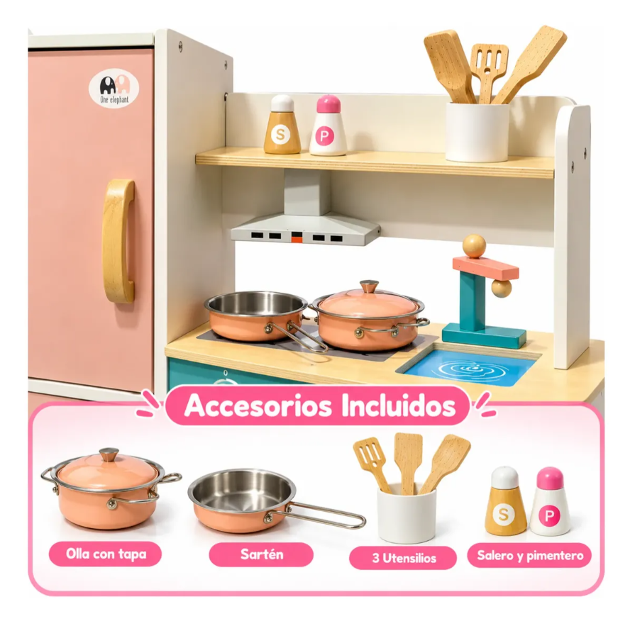 Cocina Infantil De Madera Con Nevera Horno Y Accesorios
