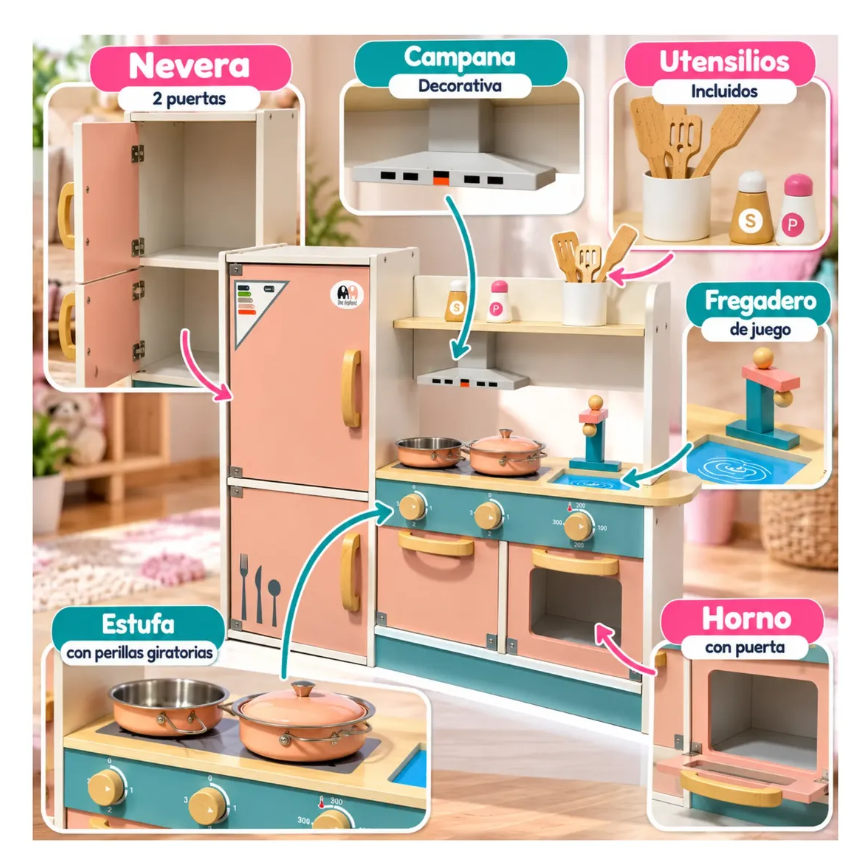 Cocina Infantil De Madera Con Nevera Horno Y Accesorios