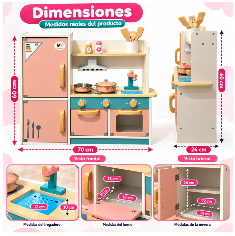 Cocina Infantil De Madera Con Nevera Horno Y Accesorios
