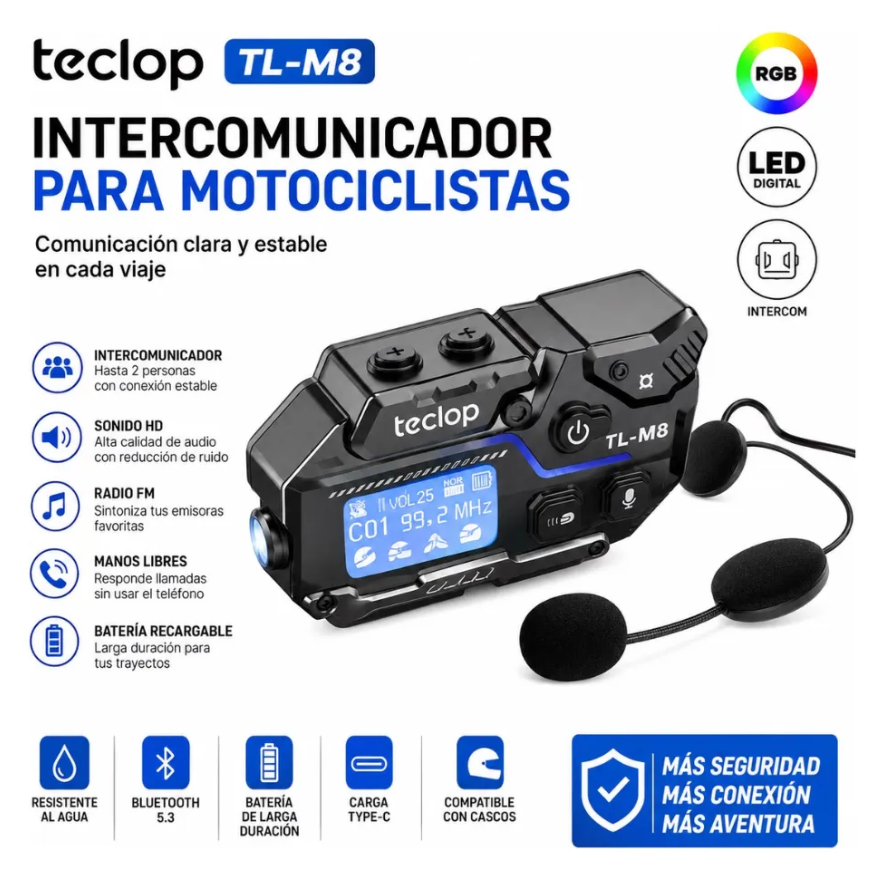 Intercomunicador RGB Bluetooth M8 Radio FM Recargable Casco