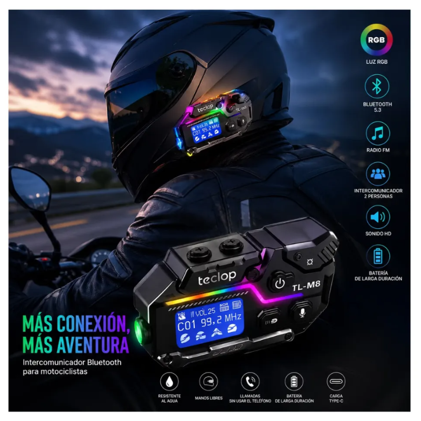 Intercomunicador RGB Bluetooth M8 Radio FM Recargable Casco
