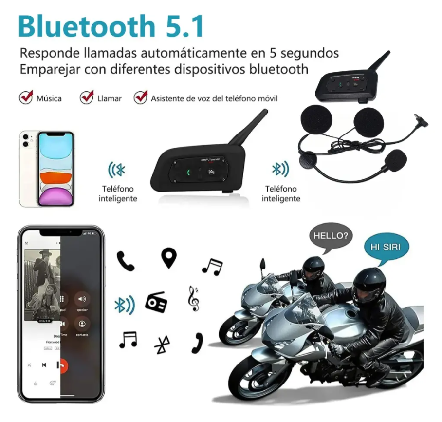 Intercomunicador De Moto Para Casco 1.2 km Bluetooth V6Plus