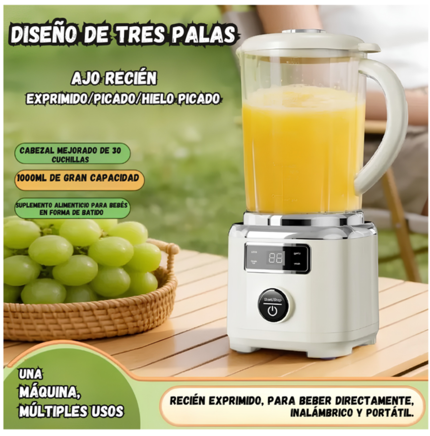 Licuadora Portatil De Tres Cuchillas Recargable Pantalla Digital 1000 ml