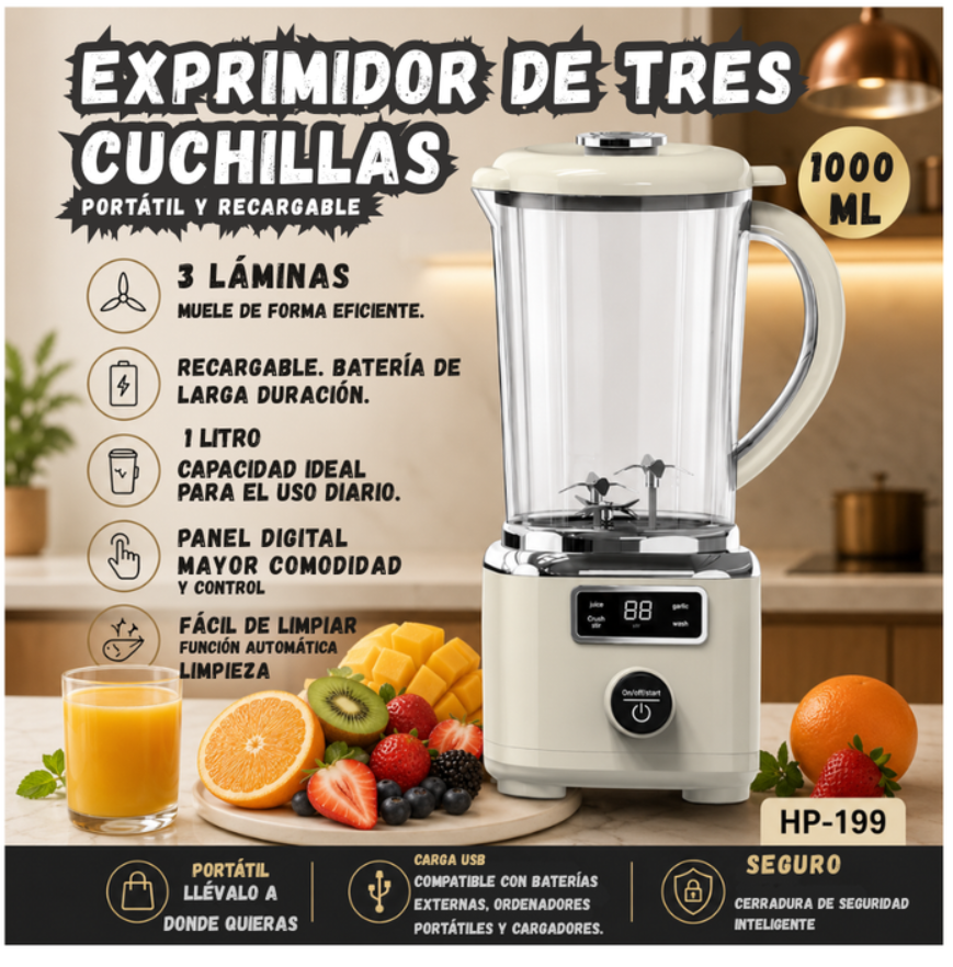 Licuadora Portatil De Tres Cuchillas Recargable Pantalla Digital 1000 ml