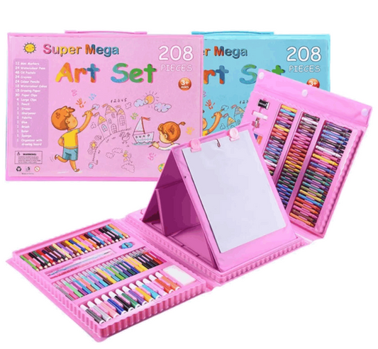 Set De Arte Niños Maleta 208 Piezas Crayon Acuarela Plumon rosa