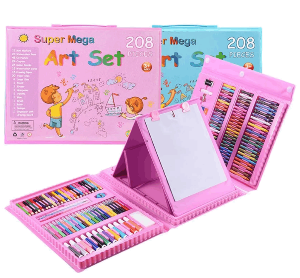 Set De Arte Niños Maleta 208 Piezas Crayon Acuarela Plumon rosa