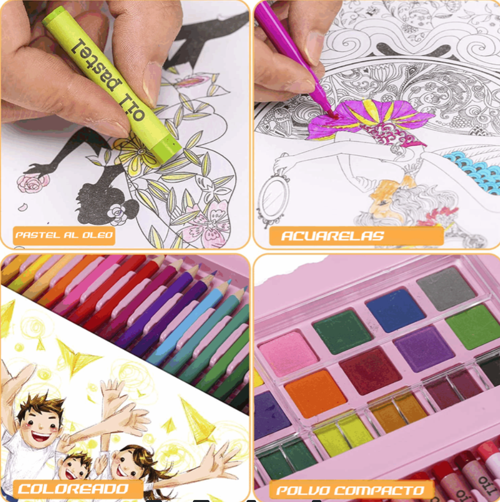 Set De Arte Niños Maleta 208 Piezas Crayon Acuarela Plumon rosa